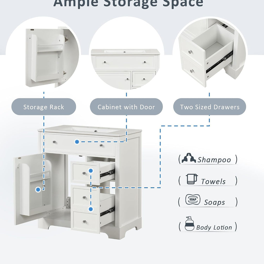 30' Bathroom Vanity Cabinet with Ceramic Sink Top Set, Two Drawers with Slides, Soft Closing Doors, Freestanding, Solid Wood Frame & MDF Board, White