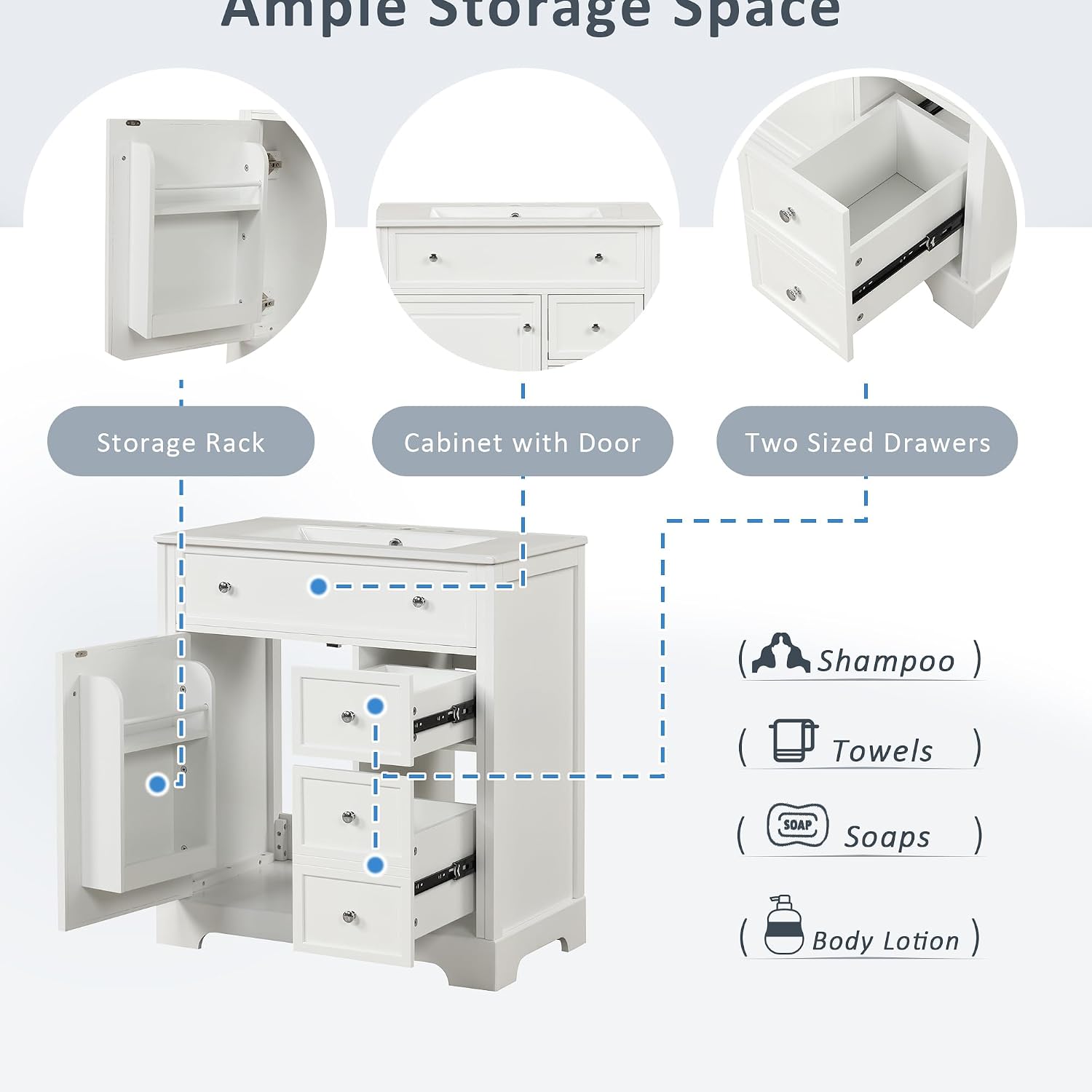 30' Bathroom Vanity Cabinet with Ceramic Sink Top Set, Two Drawers with Slides, Soft Closing Doors, Freestanding, Solid Wood Frame & MDF Board, White