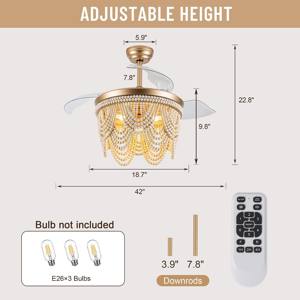 42'' Retractable Ceiling Fans with Lights and Remote, Bohemian Ceiling Fans with Wooden Beads, 6 Speeds Reversible Bladeless Ceiling Fan for Bedroom Living Room Kitchen