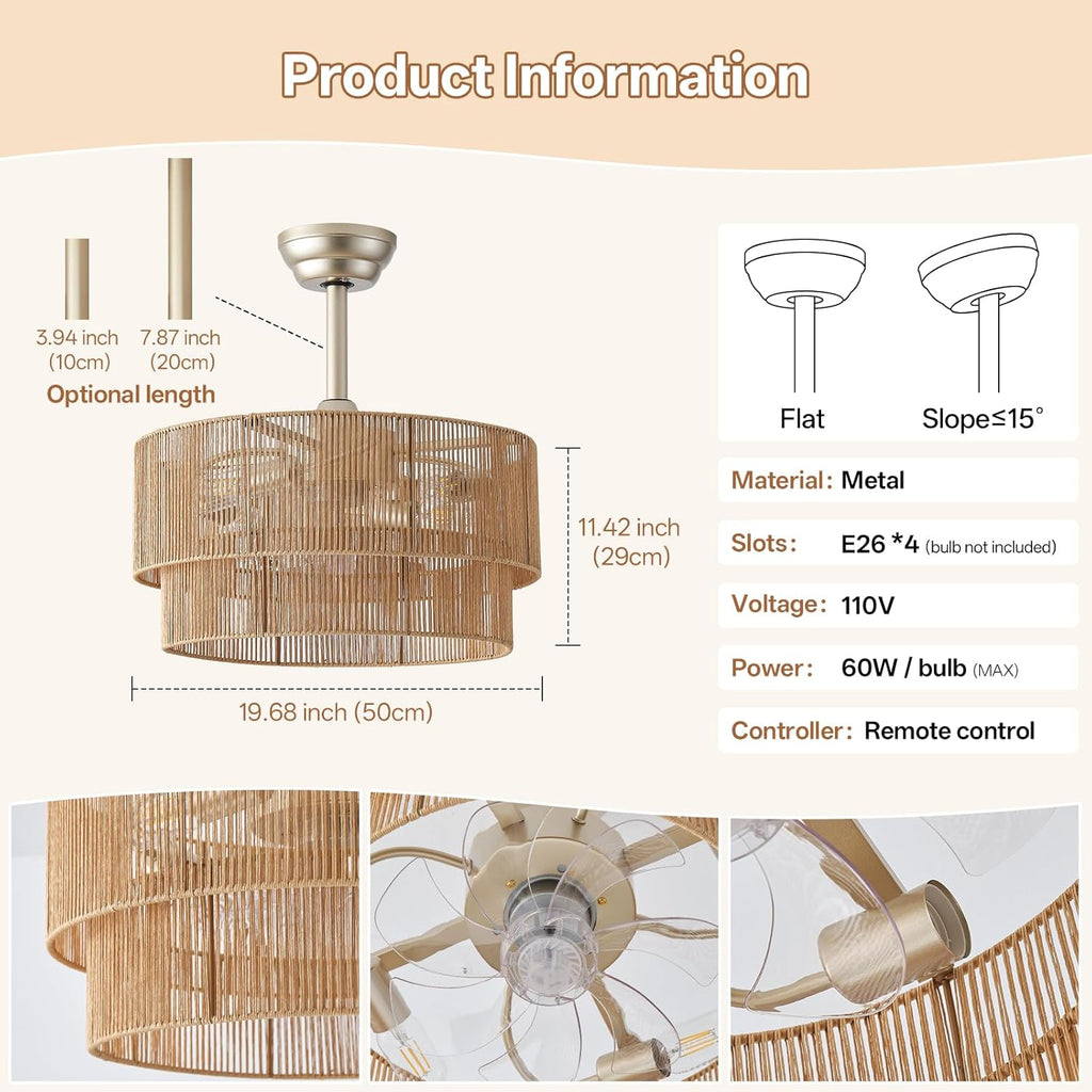 20' Caged Boho Ceiling Fans with Lights, Rattan Fandelier Chandelier Ceiling Fan with Light Remote Control with 6 Speeds for Bedroom, Nursery