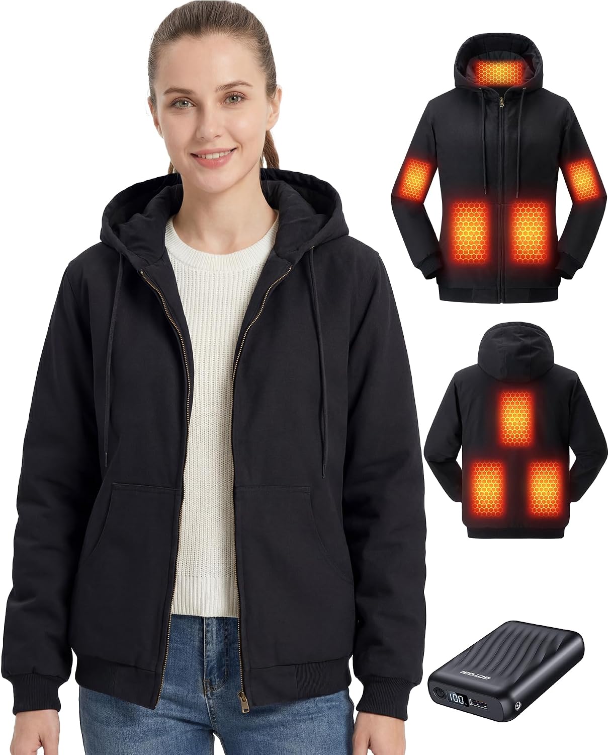 Heated Jackets for Women with 12V 18400mAh Battery, Graphene Canvas Womens Heated Jacket with Hooded for Outdoor Work