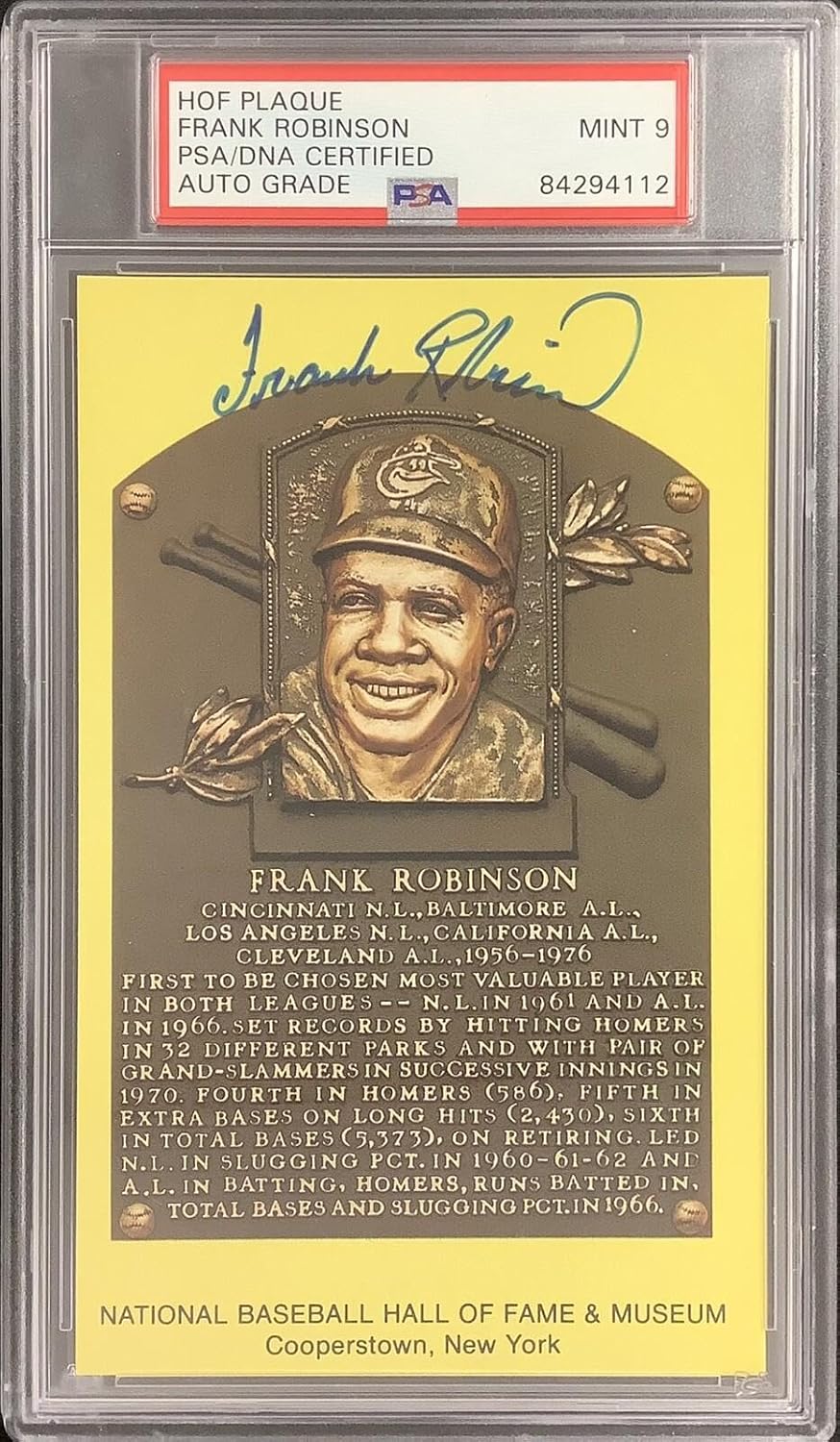 Frank Robinson Signed Plaque HOF Postcard Yellow Orioles PSA/DNA Auto 9 - MLB Cut Signatures