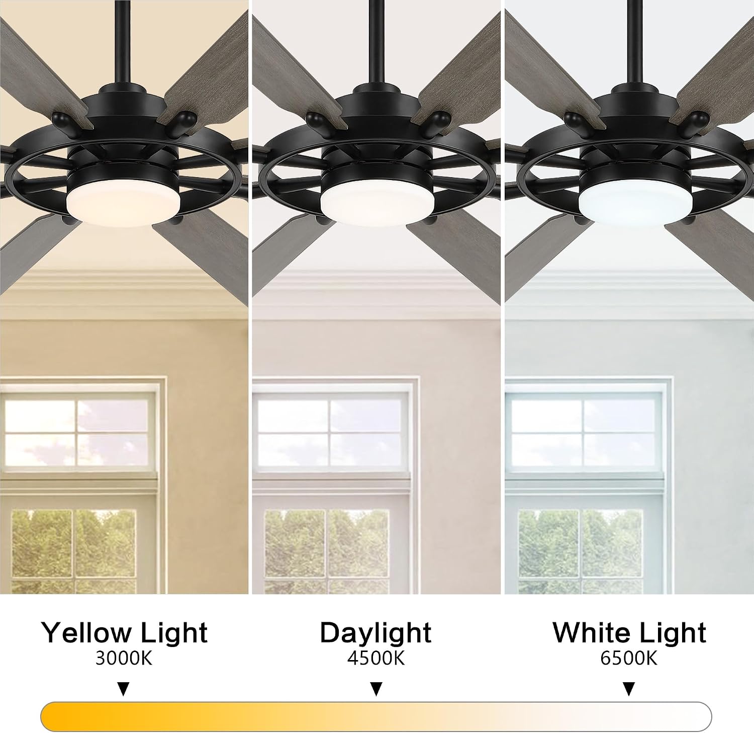 ELEHINSER 80 Inch Ceiling Fan with Lights and 3 Downrods, 8 Plywood Blades, 6-Speed Noiseless Reversible DC Motor, 3CCT, Windmill Ceiling fan for Kitchen Bedroom Living Room, Black and Grey