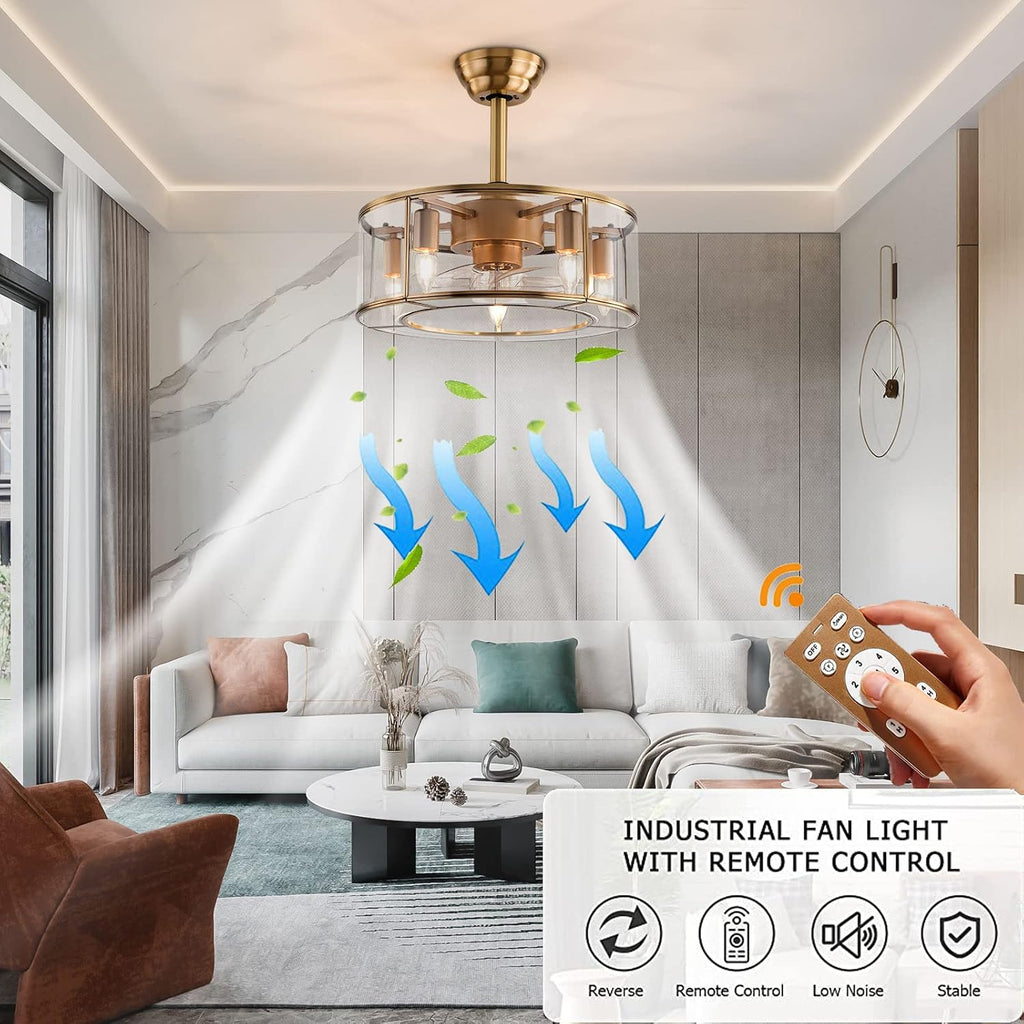18' Ceiling Fans with Lights, Modern Caged Farmhouse Fandelier with Controller Control, 7 Blades 6-Speed, Reversible Ceiling Fan Light Fixture for Area 107-161ft², Kitchen Bedroom Office Gold E26*5