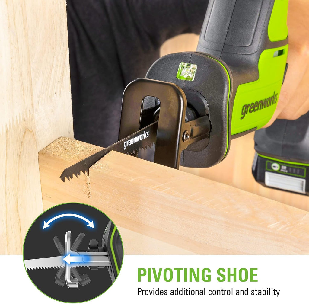 Greenworks 24V Brushless 1' Compact One-Handed Reciprocating Saw (3,000 SPM), Cordless Powered Variable Speed Recip Saw, 2.0Ah Battery and Compact Charger Included,‎ RSG404