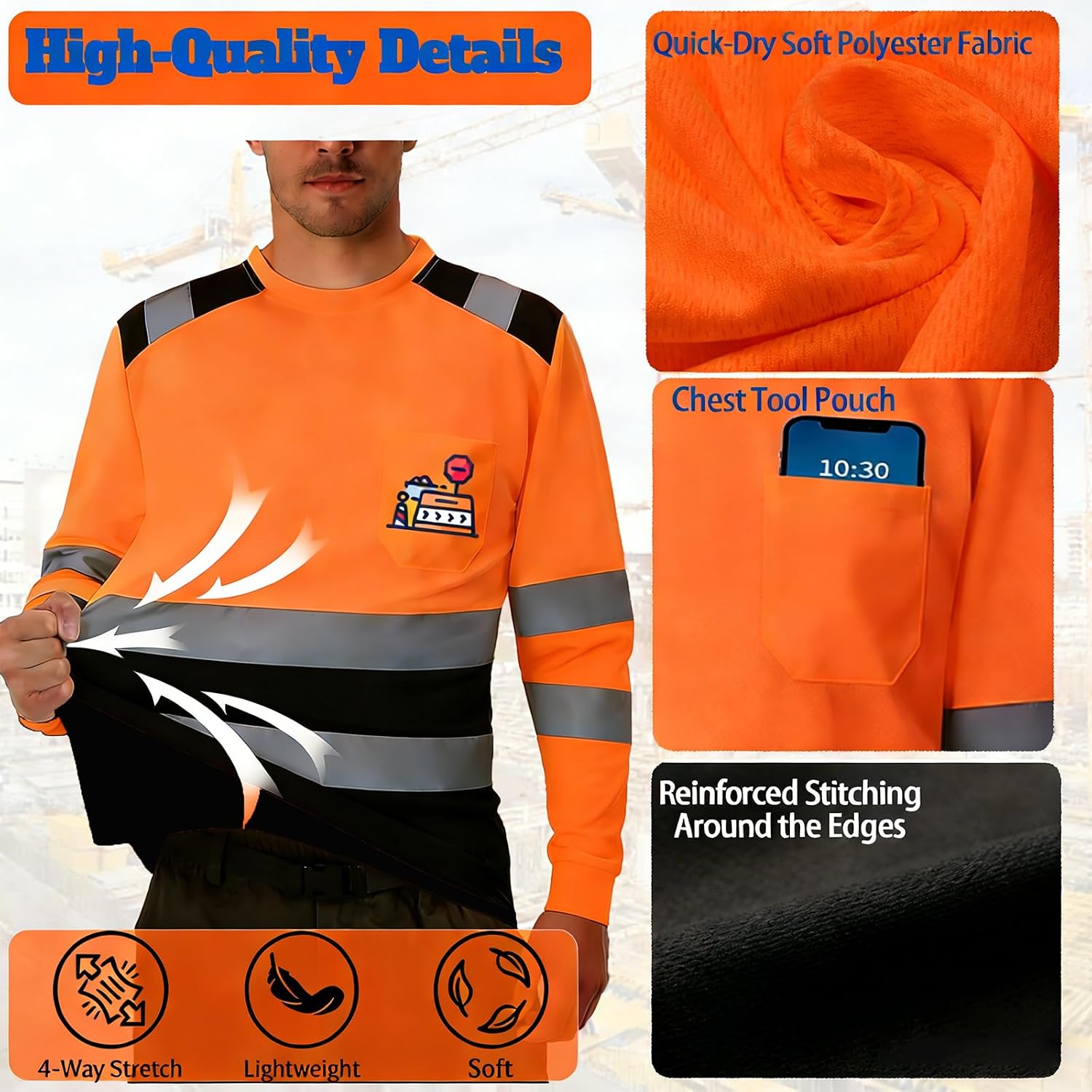 BeautyWill Custom Logo High Visibility Safety Shirts, ANSI Class 3 Reflective Work Shirts Long Sleeve Crewneck T-Shirt