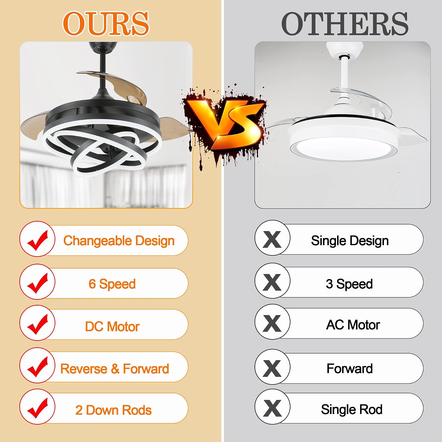 42' Retractable Ceiling Fan with Lights and Remote, Black Fandelier Ceiling Fan Modern Chandelier LED Light, Reversible Quiet DC Motor 3CCT Dimmable 6 Speed for Bedroom Living Room