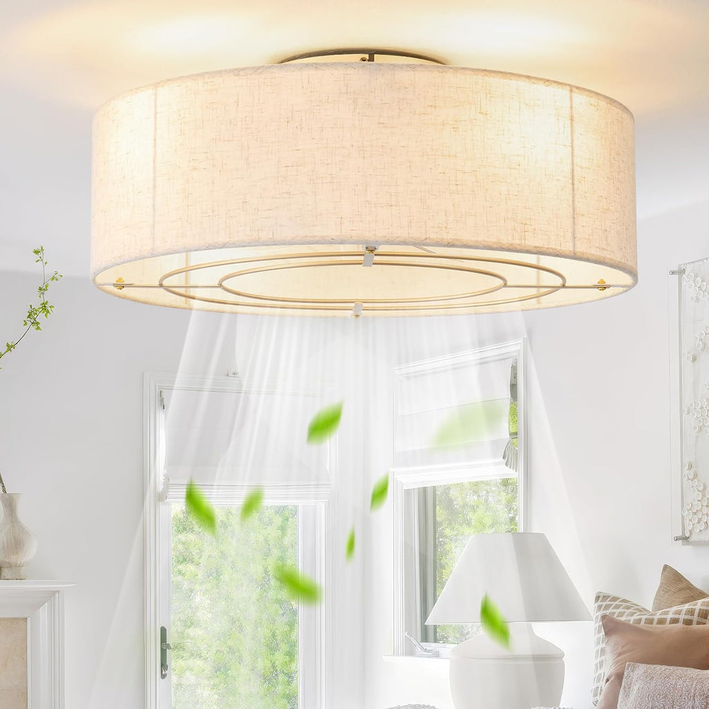 Ceiling Fans with Lights, 20' Boho Ceiling Fan with Light Flush Mount, Drum Rattan Low Profile with 6 Speeds, Remote Control for Bedroom, Nursery, Living Room