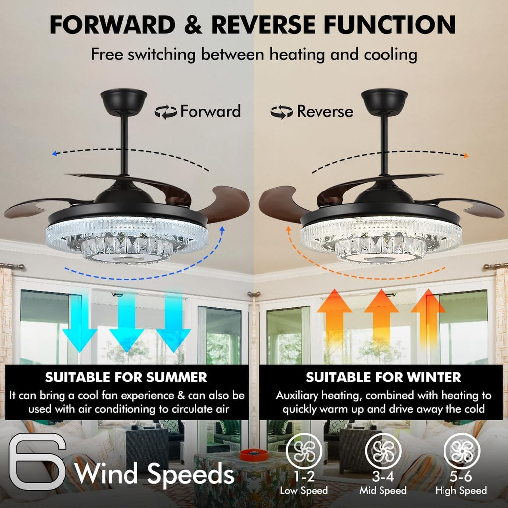42' Bluetooth Crystal Fandelier Ceiling Fan with Light Music Speaker Dimmable RGB LED, Modern Black Reversible Chandelier Ceiling Fan Remote Control Retractable Blades for Living Room