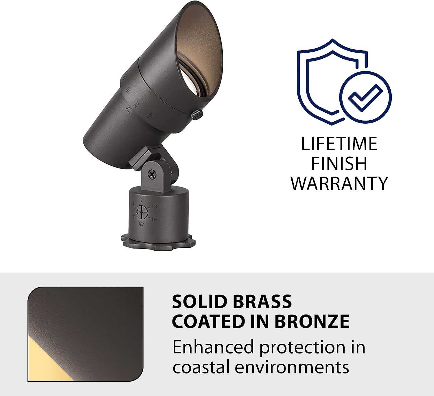 WAC Landscape Lighting, LED 120V Line Voltage Medium Size Accent Light with Adjustable Beam Angle and Integral Brightness Control 3000K Warm White Built-in LED in Solid Brass Coated with Bronze