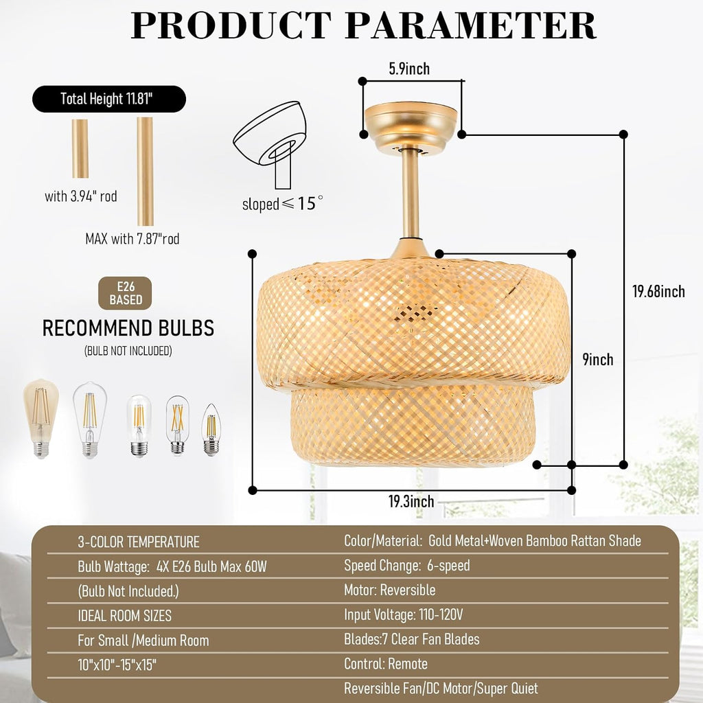 19.3' Bamboo Caged Ceiling Fan with Lights and Remote,4-Light Boho Rattan Ceiling Fan with Light Reversible Motor, Farmhouse Rattan Chandelier Fan for Bedroom, Living Room