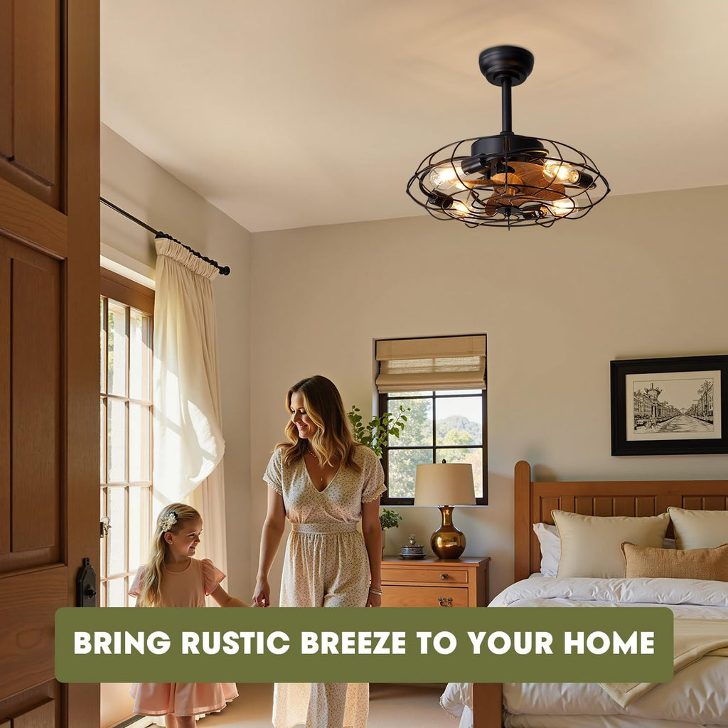 Caged Ceiling Fans with Lights, 20'' Black Farmhouse Ceiling Fan with Remote, 6-Speed Quiet Reversible Motor, Rustic Vintage Fandelier for Kitchen, Bedroom, Living Room, E26 Base