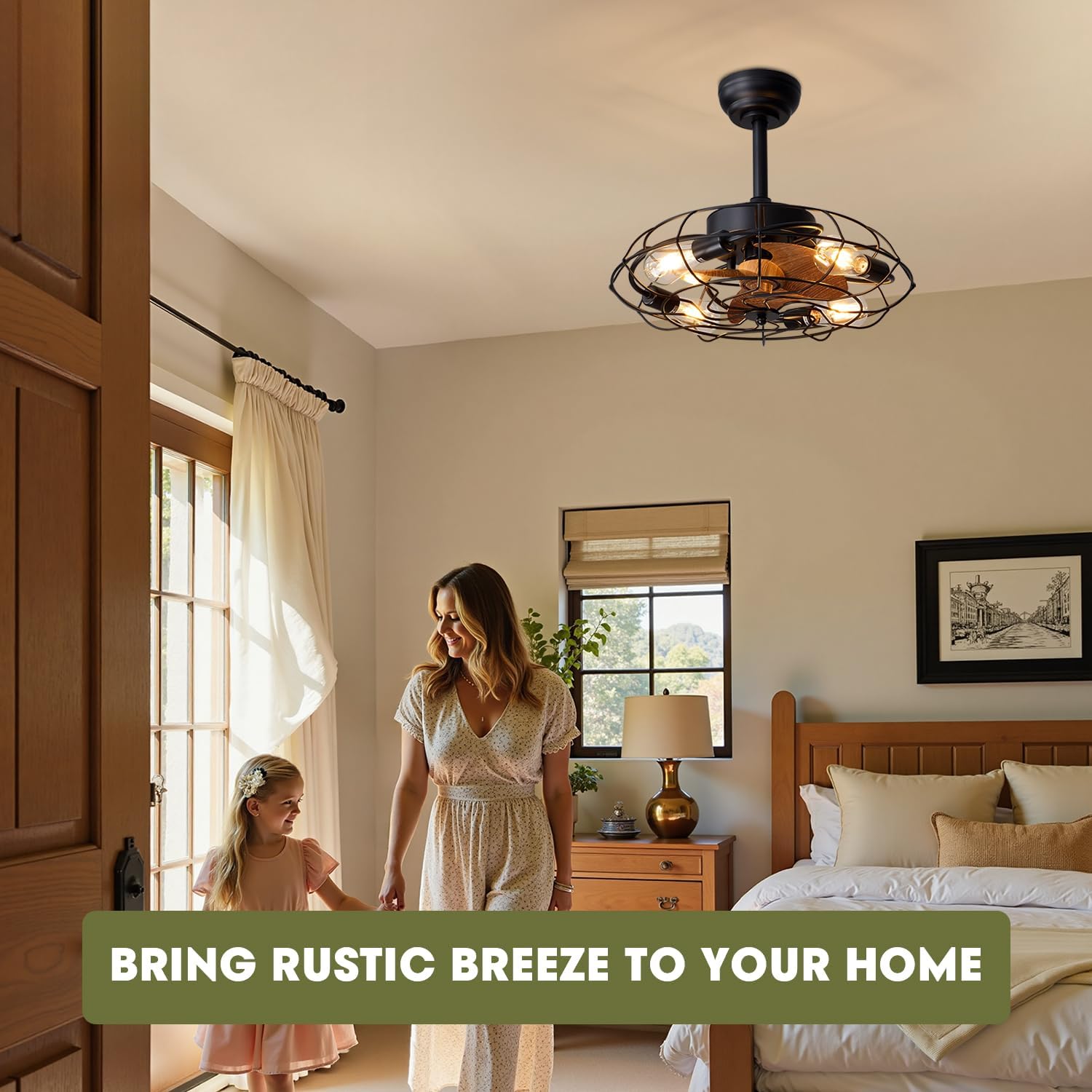 Caged Ceiling Fans with Lights, 20'' Black Farmhouse Ceiling Fan with Remote, 6-Speed Quiet Reversible Motor, Rustic Vintage Fandelier for Kitchen, Bedroom, Living Room, E26 Base