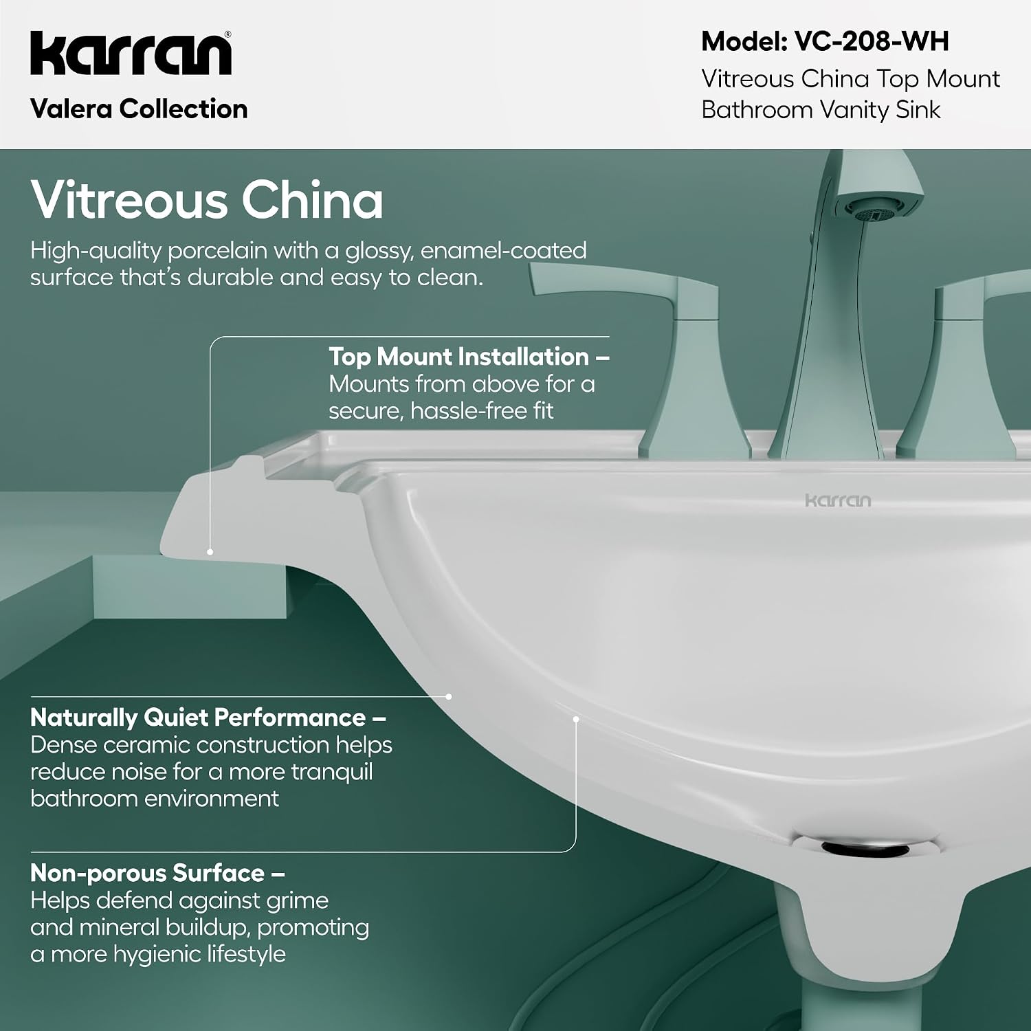 Karran Valera Top-Mount Bathroom Sink – Deep Rectangular Vitreous China Drop-In Vanity Basin in White with Overflow – VC-208-WH