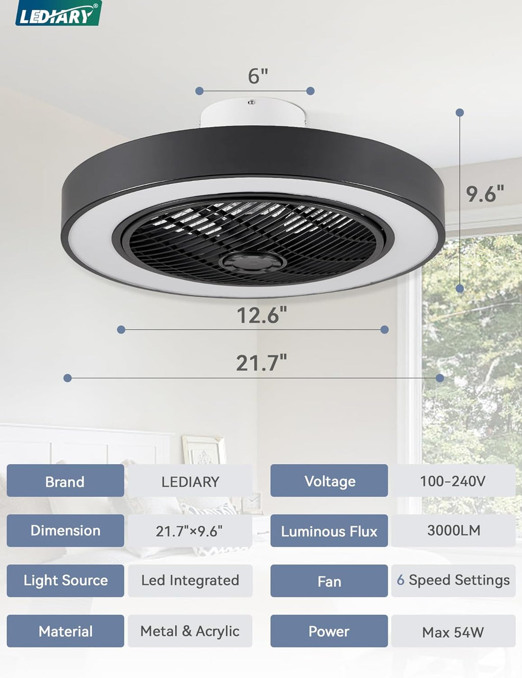 LEDIARY 22in Enclosed Ceiling Fans with Lighst and Remote, Black Modern Bladeless Ceiling Fan with Bright Light, Led Flush Mount Ceiling Fan for Bedroom, Living Room, Kid Room(6 Speeds, 3000-6000K)