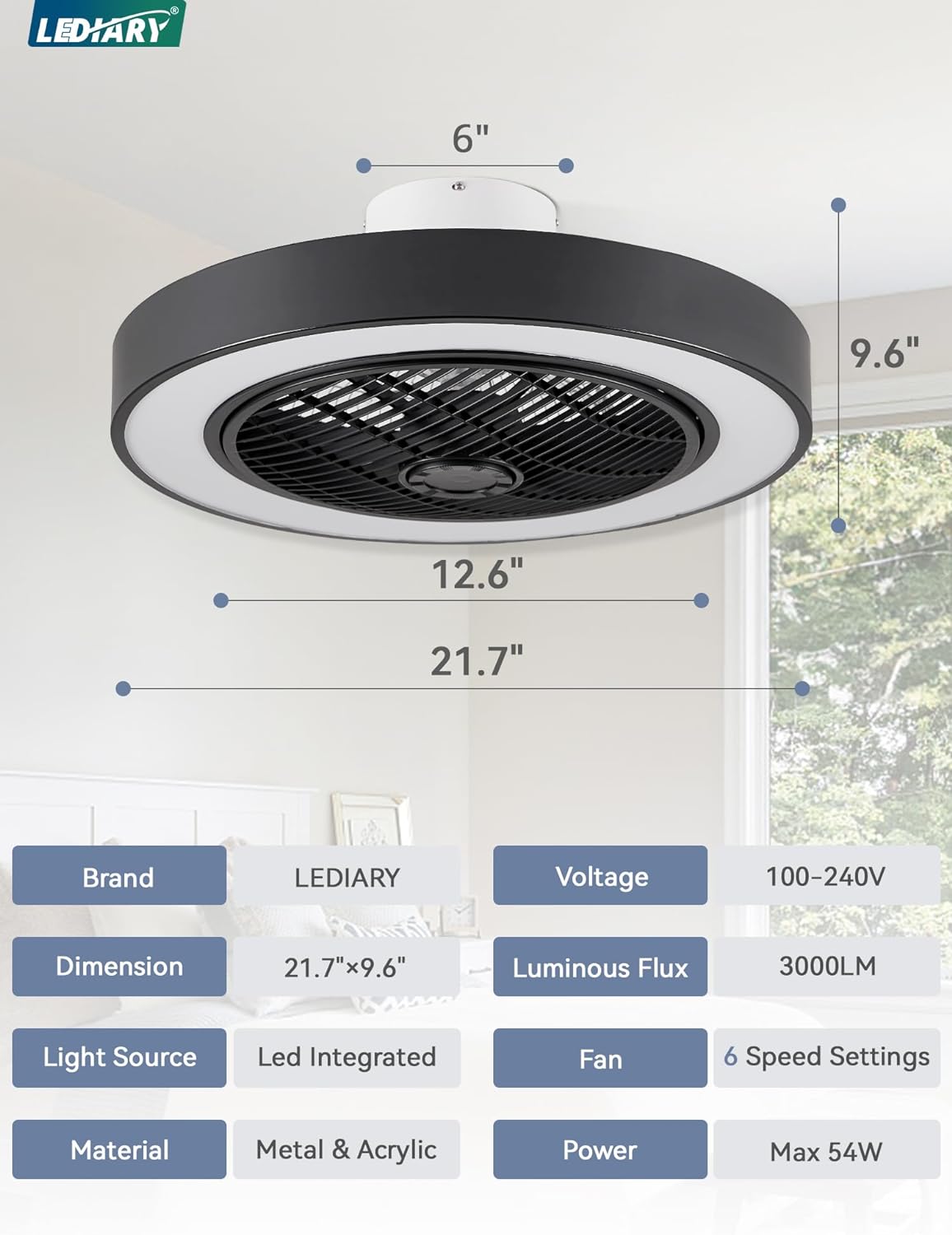 LEDIARY 22in Enclosed Ceiling Fans with Lighst and Remote, Black Modern Bladeless Ceiling Fan with Bright Light, Led Flush Mount Ceiling Fan for Bedroom, Living Room, Kid Room(6 Speeds, 3000-6000K)