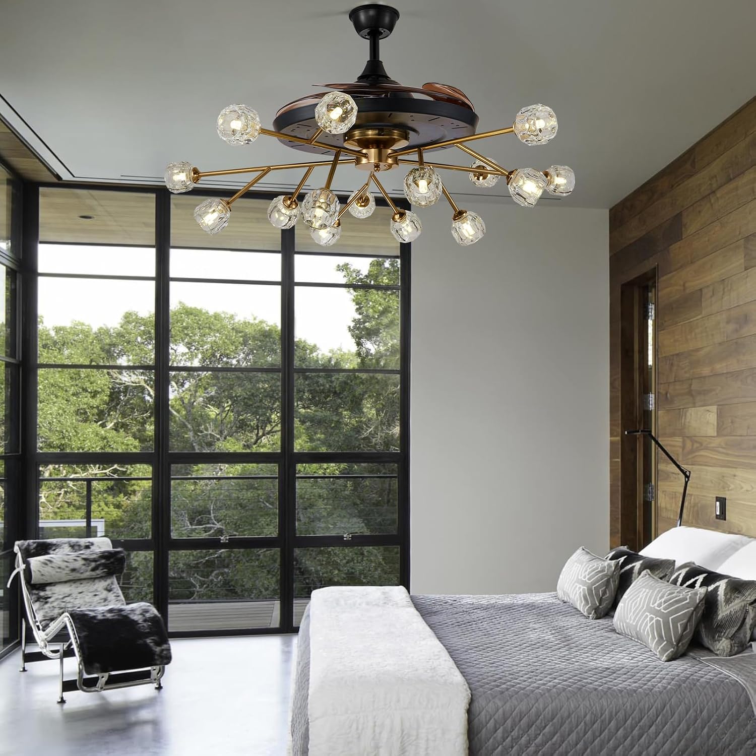 42' Modern Retractable Chandelier Ceiling Fan and Remote, Elegant Black 15-Light Fandelier Ceiling Fan with Reversible Blades 6 Speeds Silent Motor for Living Dinning Room