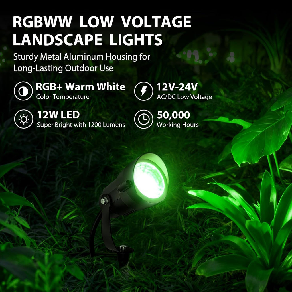 All-in-One RGBWW Low Voltage Landscape Lighting Kit, 12W LED Color Changing Landscape Lights with Remotes, Transformer and Wire, Outdoor Waterproof Spotlights for Yard Garden Festival Decor, 12-Pack