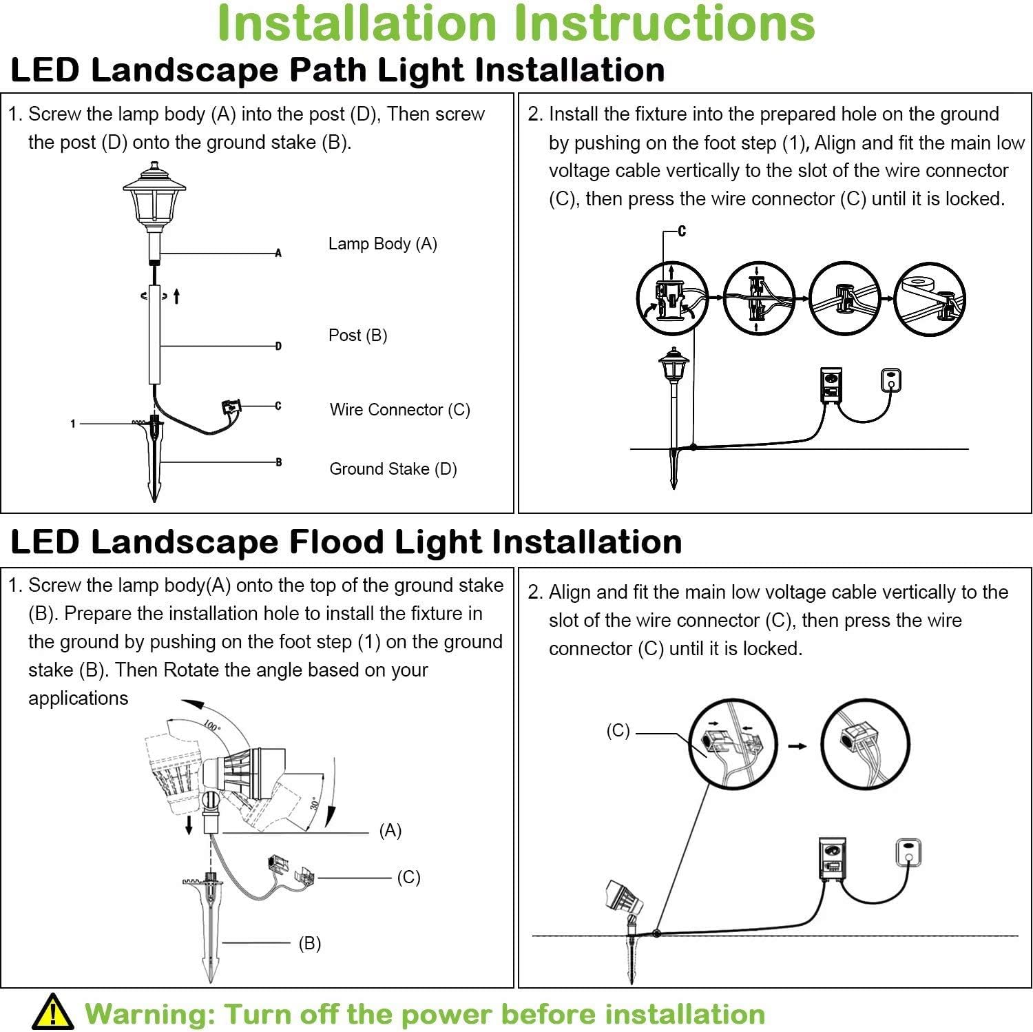 hykolity 8 Pack Low Voltage LED Landscape Kits, 12V-15V Pathway Flood Light Kits, 10W 390LM and 3.4W 155LM Wired for Outdoor Yard Lawn, Die-cast Aluminum, 50W and 30W Equivalent
