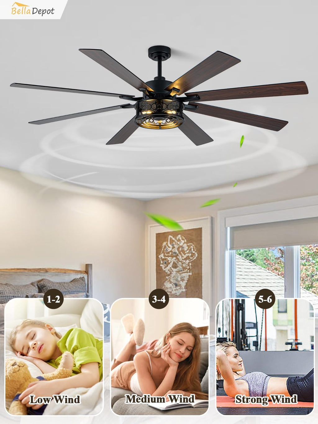 Bella Depot 72' Ceiling Fan with Light, Farmhouse Caged Chandelier Fan with Lights and Remote, Vintage Rustic Indoor Fandelier with Silent Motor for Dining Living Room Bedroom, (Bulbs not Included)