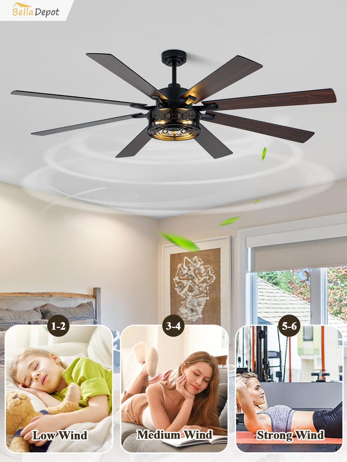 Bella Depot 72' Ceiling Fan with Light, Farmhouse Caged Chandelier Fan with Lights and Remote, Vintage Rustic Indoor Fandelier with Silent Motor for Dining Living Room Bedroom, (Bulbs not Included)