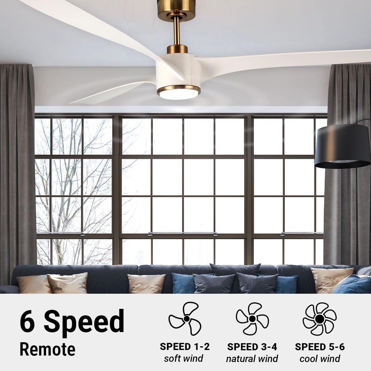 Wynwood QL2314WH 60-Inch Edgewater Matte White Ceiling Fan with Light, DC Motor, 6-Speed Remote Control, 3-CCT Dimmable LED, Reversible Airflow, ABS Blades, Downrod Mount, Indoor Ceiling Fan