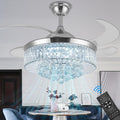 DatingDay 36' Invisible Ceiling Fan Chandelier Light,Modern Crystal Ceiling Fan Light Remote Control 4 Retractable ABS Blades for Bedroom Living Room Dining Room Decoration