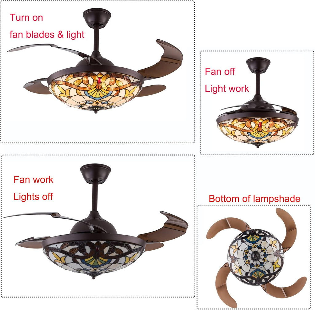 42 Inch Ceiling Fan with Light Classic LED Chandelier Remote Control Retractable Blades 3 Speeds 3 Light Changes Pendant Light, Silent Motor Craft-made Colorful Lamps for Bedroom Living Room