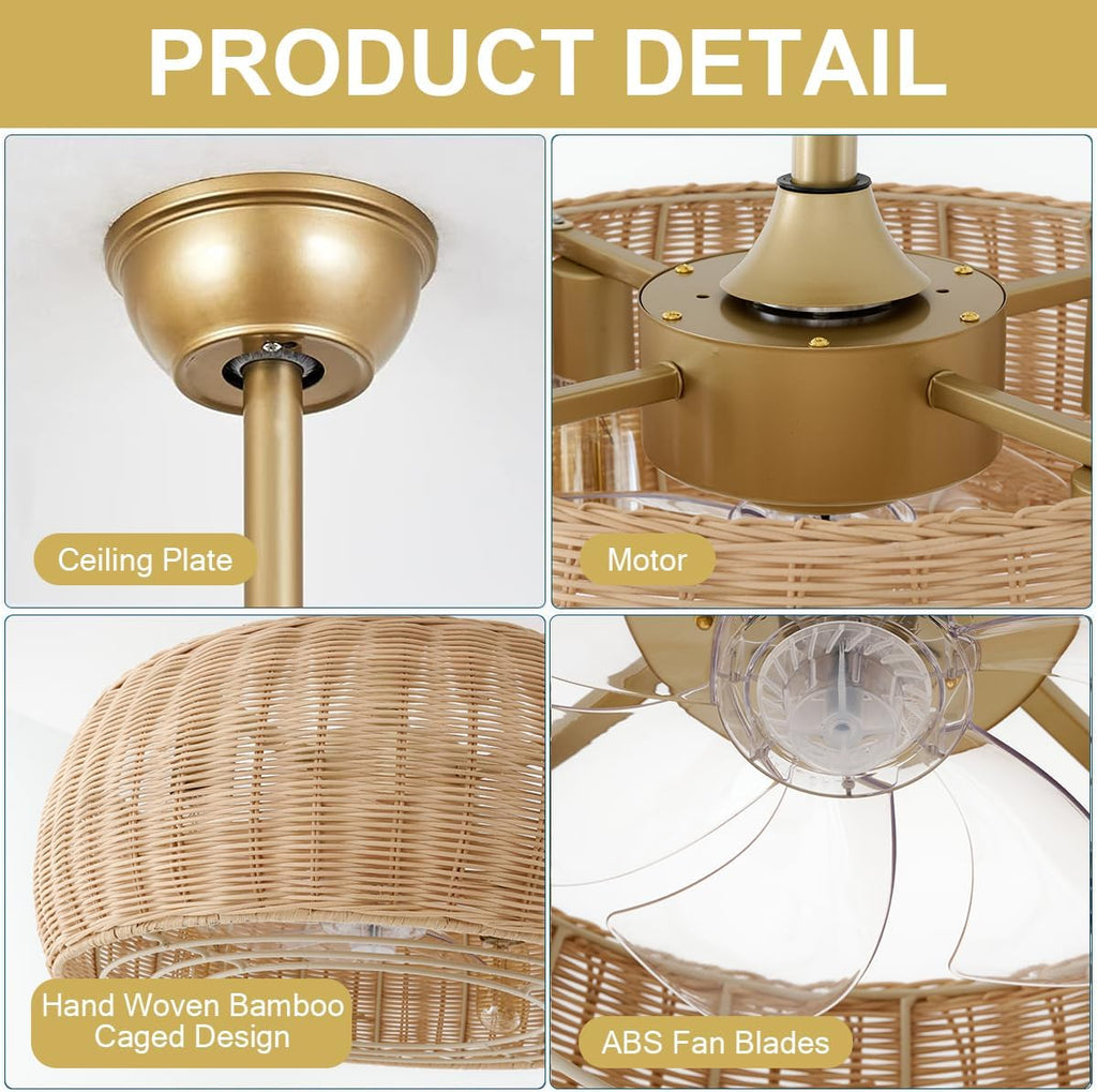 18.1' Rattan Caged Ceiling Fan with Lights 4-Light Beige Fandelier with Light Boho Bamboo Chandelier Fan with Light Reversible Motor, Remote Wicker Pendant Light with Fan for Bedroom Living Room