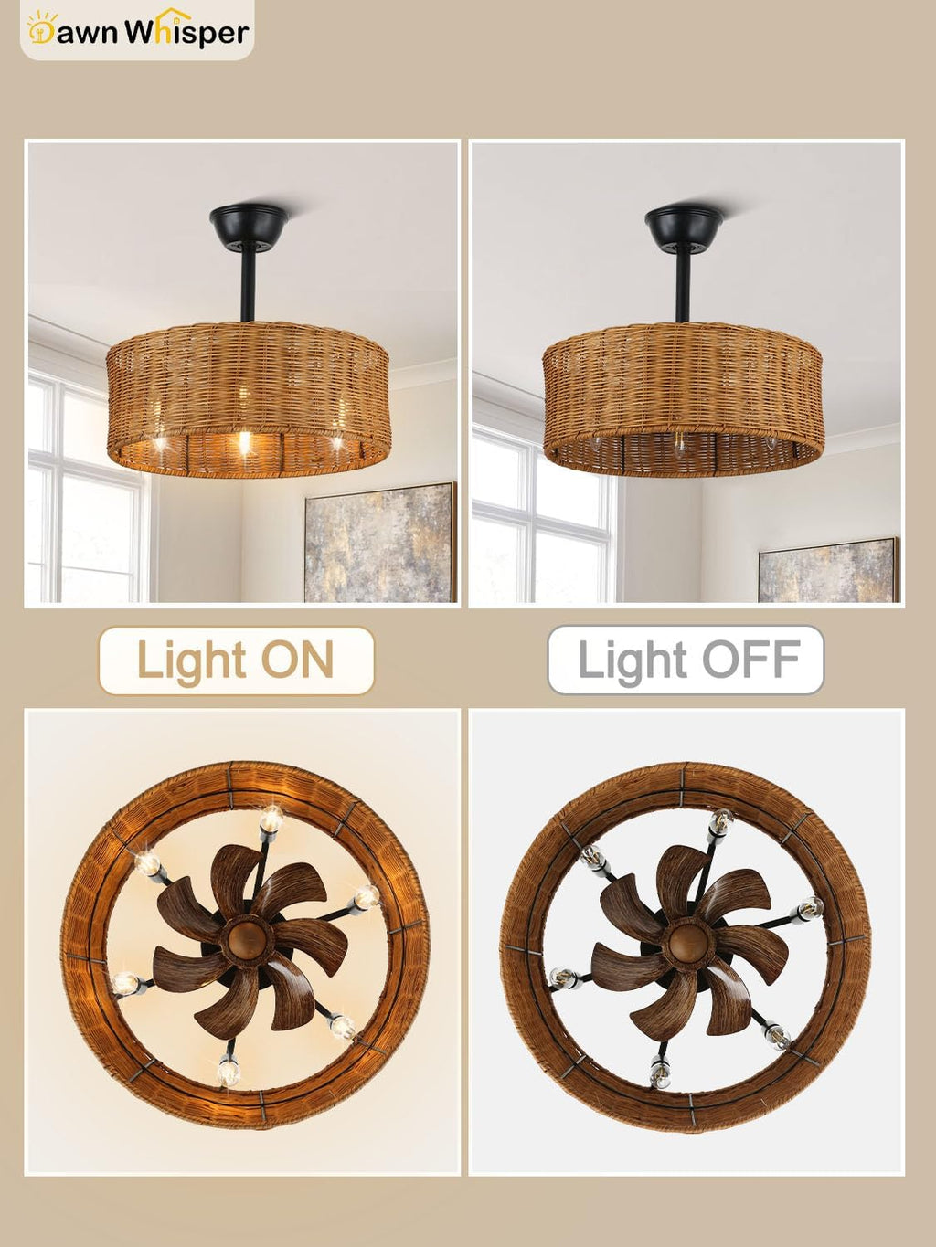 Dawn Whisper Caged Ceiling Fan with Lights, 18' Boho Ceiling Fan with Lights, Rattan Ceiling Fans with Lights, Farmhouse Ceiling Fans with Lights, Bedroom Ceiling Fans with Lights
