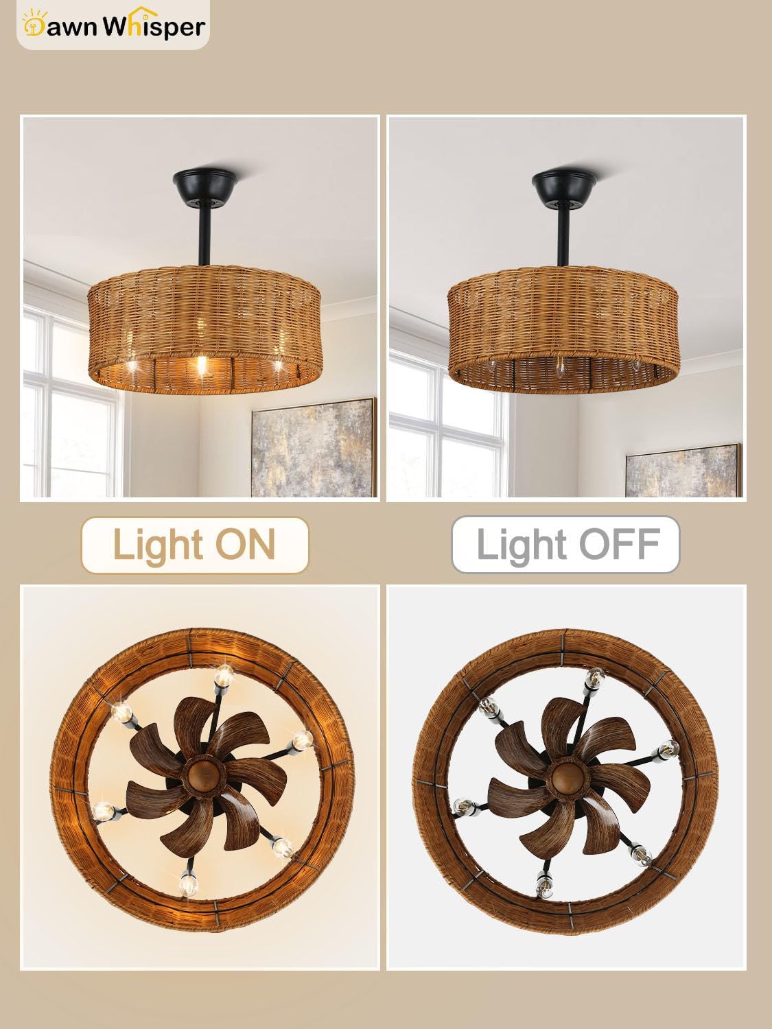 Dawn Whisper Caged Ceiling Fan with Lights, 18' Boho Ceiling Fan with Lights, Rattan Ceiling Fans with Lights, Farmhouse Ceiling Fans with Lights, Bedroom Ceiling Fans with Lights