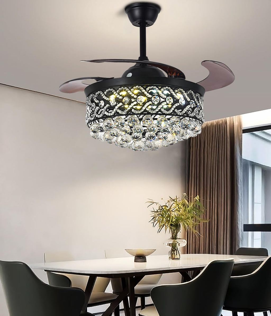42' Black Love Luxury Crystal Ceiling Fan with Light 3 Color 3 Speed Modern Chandelier Fan with Remote Control Retractable Blades Fandelier for Living Room Bedroom