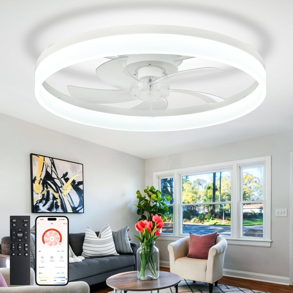 DLLT Bladeless Ceiling Fans with Lights: 24 Inch Modern Flush Mount Low Profile Ceiling Fan with APP Remote Control - White Enclosed LED Fandelier Dimmable Quiet DC Motor for Bedroom Living Room