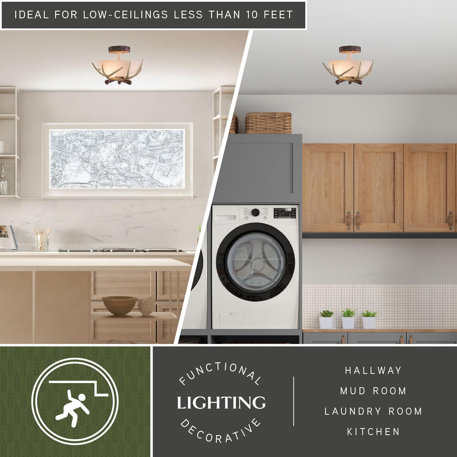 VAXCEL Lodge 12-in W Cream Rustic Antler Bowl Semi Flush Mount Ceiling Light Cream Glass