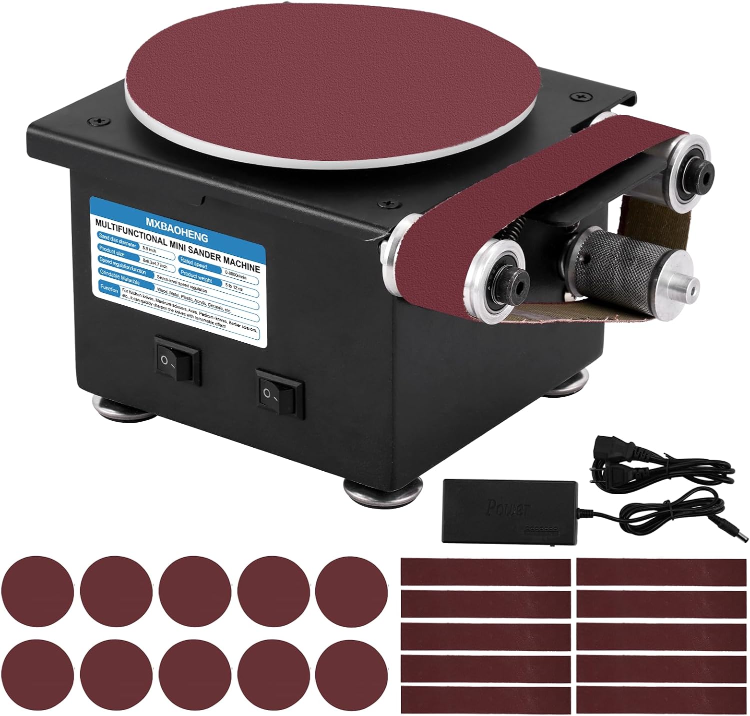 MXBAOHENG Mini Disc Sander 6-Inch Electric Mini Belt Sander 1.2-Inch by 15-Inch, Small Sanding Belt Machine for Wood Crafts Metal Stone Grinding 100W 8000RPM (Model A)