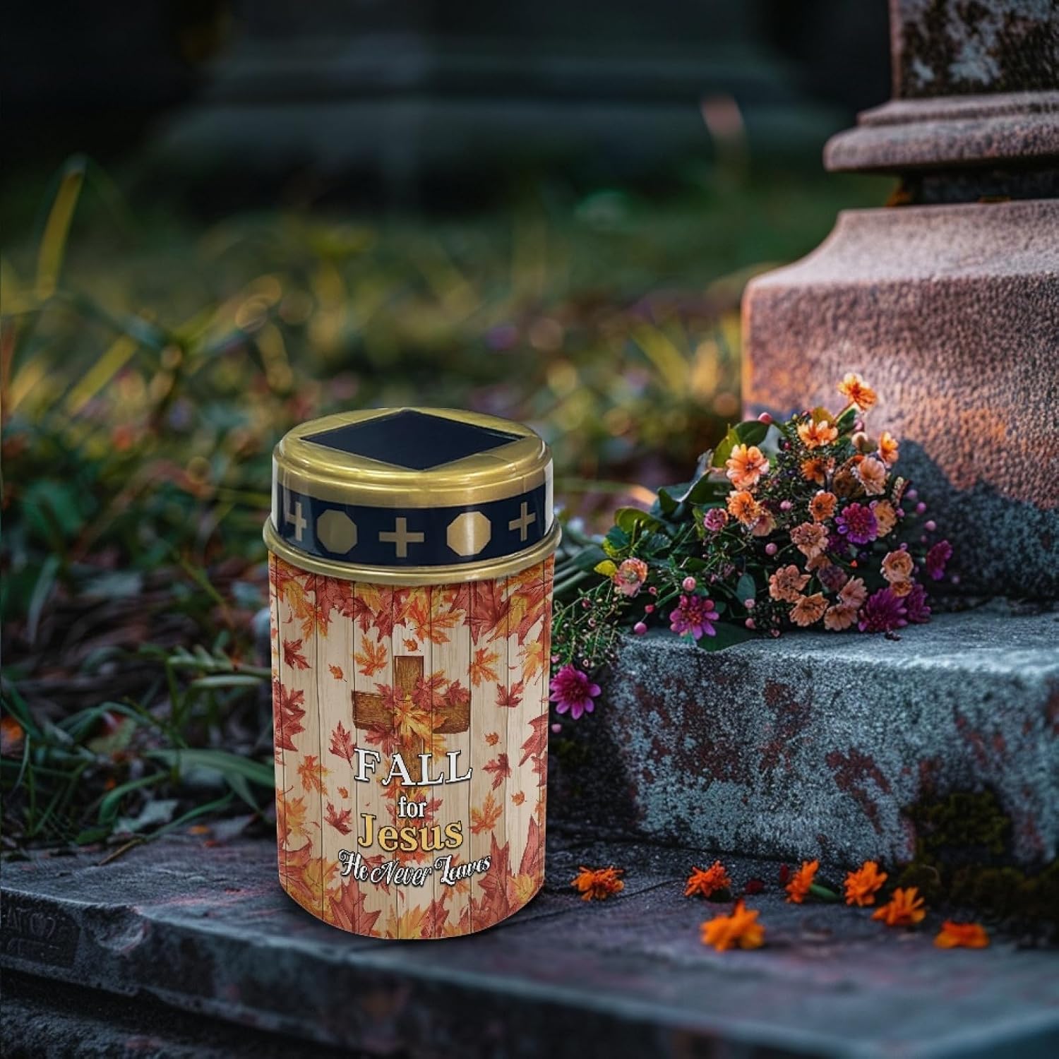 Fall Cross Maple Leaves Solar Garden Lights Outdoor Pathway Light for Yard Patio Driveway,Cemetery Decoration for Grave Flameless Warm White Lights LED Solar Lantern,Wall Light Auto On/Off