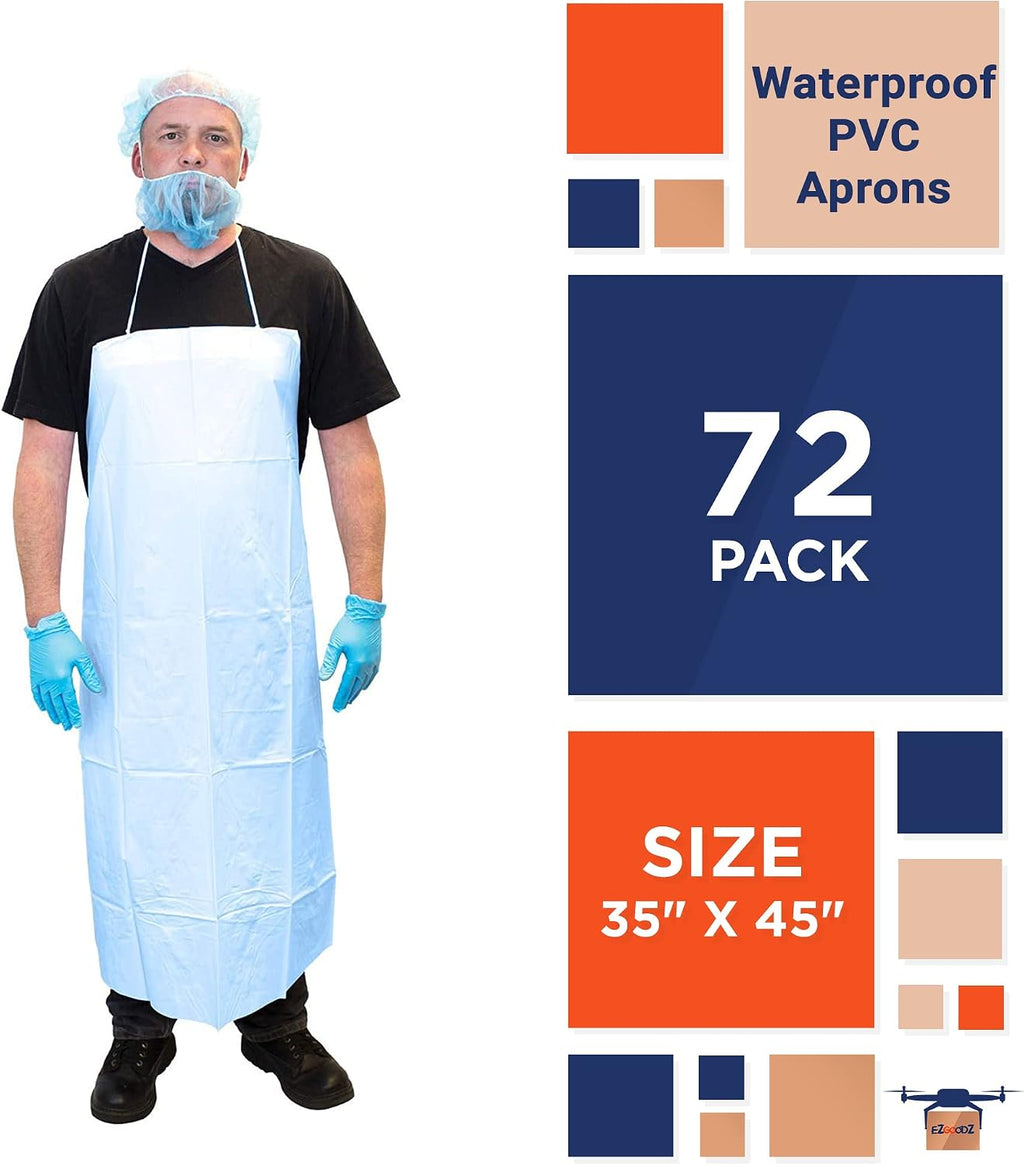 EZGOODZ Disposable Vinyl Aprons, Die Cut PVC Apron for Men and Women, Waterproof Aprons with Neck and Waist Ties, Pack of 72