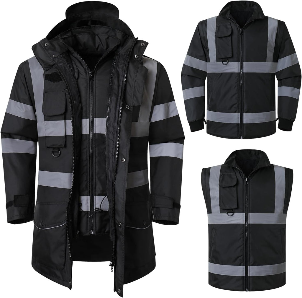 ANSI Class 3 High Visibility 7 in 1 Safety Winter Jacket For Men Safety Coat Traffic Reflective Parka Jacket