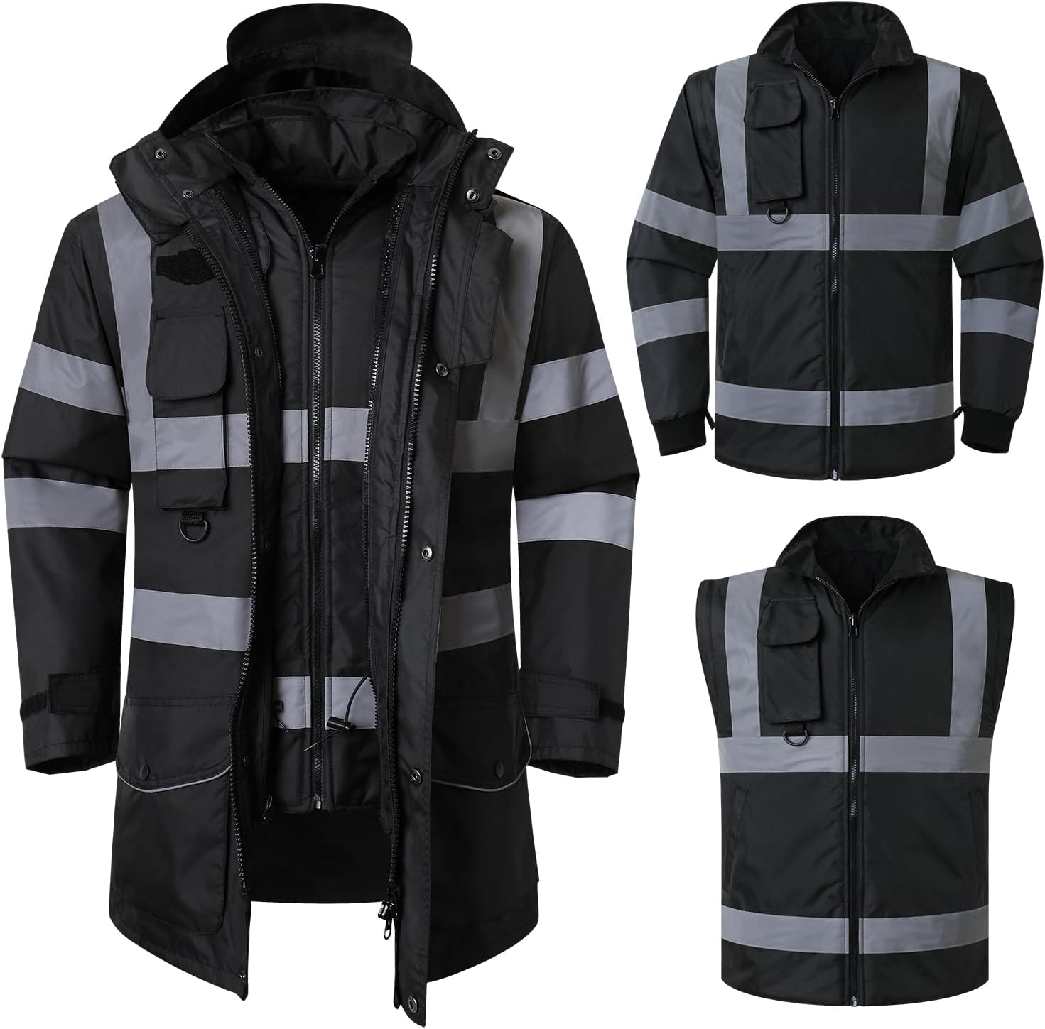 ANSI Class 3 High Visibility 7 in 1 Safety Winter Jacket For Men Safety Coat Traffic Reflective Parka Jacket