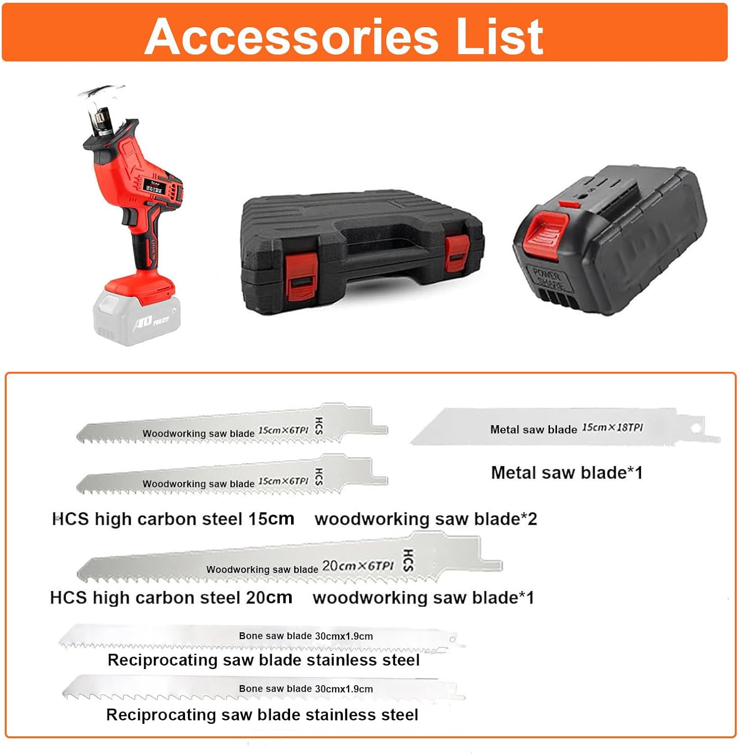 Electric Reciprocating Saw, Cordless Saw with 6replaceable Saw Blades,1pairs Gloves,Handheld,Lightweight Body,Led Auxiliary Lighting,for Wood,Metal Cutting&Meat Bone,1battery