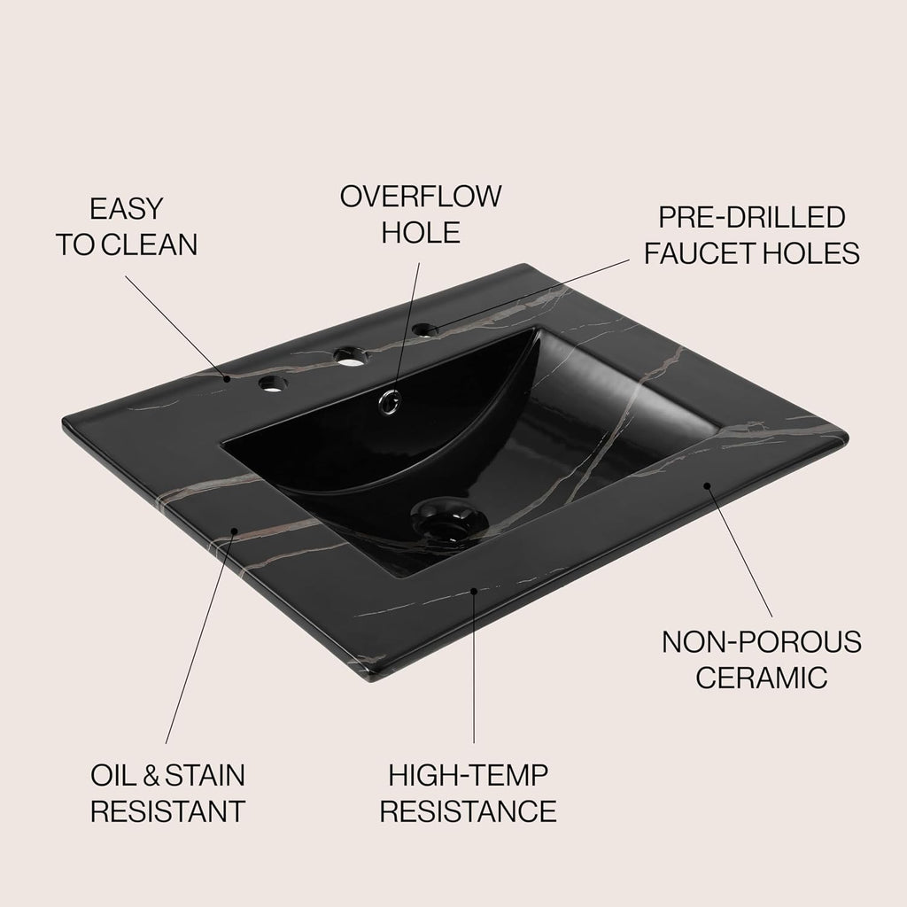 JONATHAN Y Ancillary 24 in. W x 18.25 in. D Ceramic Vanity Sink Top with 3-Hole Rectangular Single Sink Basin, Black Marble Effect SNK1001D