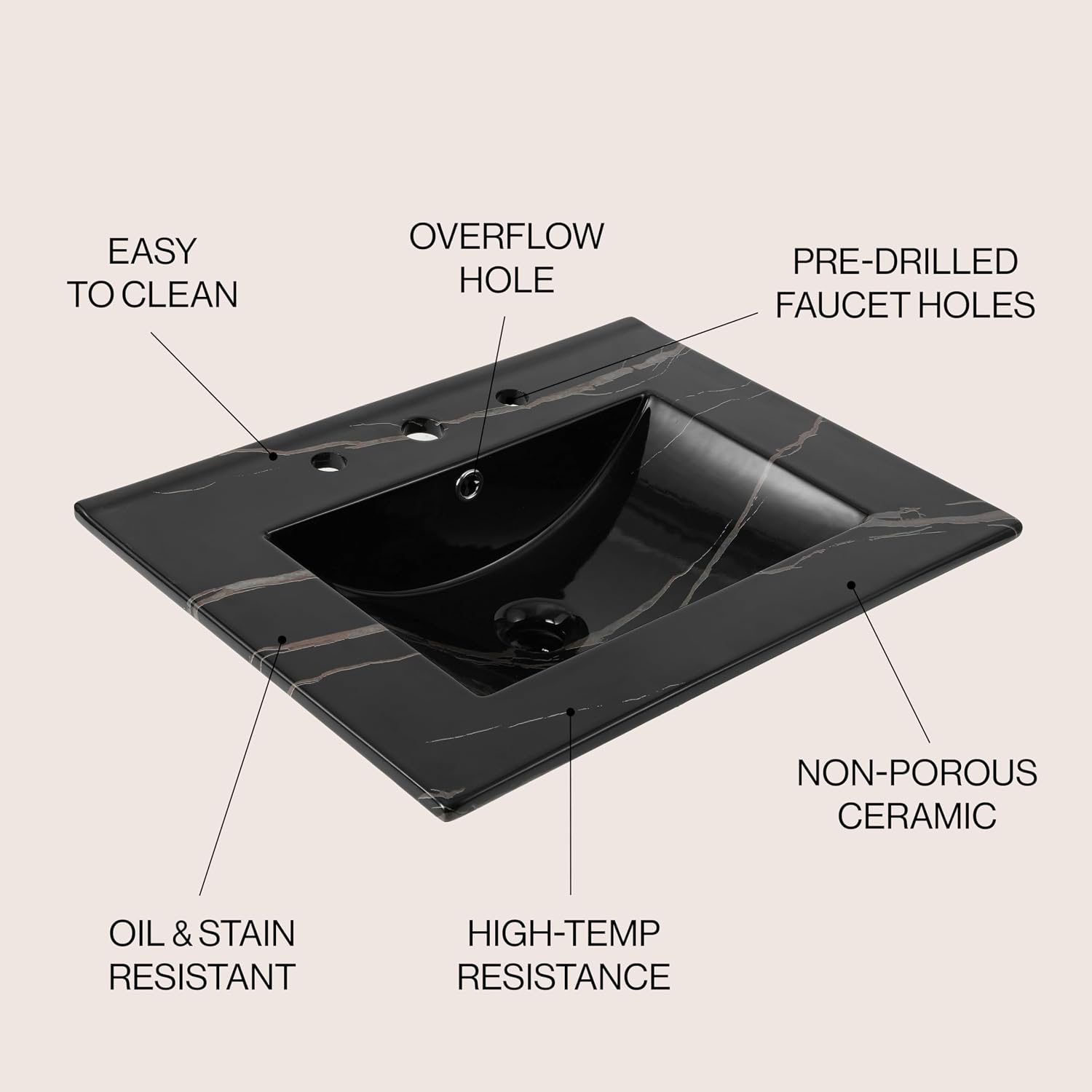 JONATHAN Y Ancillary 24 in. W x 18.25 in. D Ceramic Vanity Sink Top with 3-Hole Rectangular Single Sink Basin, Black Marble Effect SNK1001D