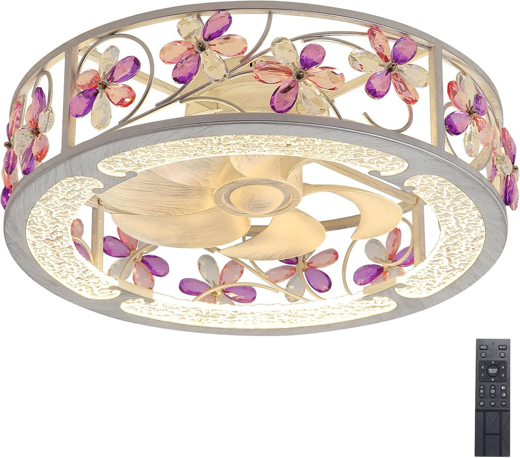 20 Inch Low Profile Caged Ceiling Fan with Light, Flower Chandelier Flush Mount Ceiling Lights Remote Control,Crystal Fandelier Bladeless 6 Speeds for Girl's Bedroom, Living Room,Hand Painted White