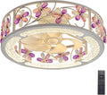 20 Inch Low Profile Caged Ceiling Fan with Light, Flower Chandelier Flush Mount Ceiling Lights Remote Control,Crystal Fandelier Bladeless 6 Speeds for Girl's Bedroom, Living Room,Hand Painted White