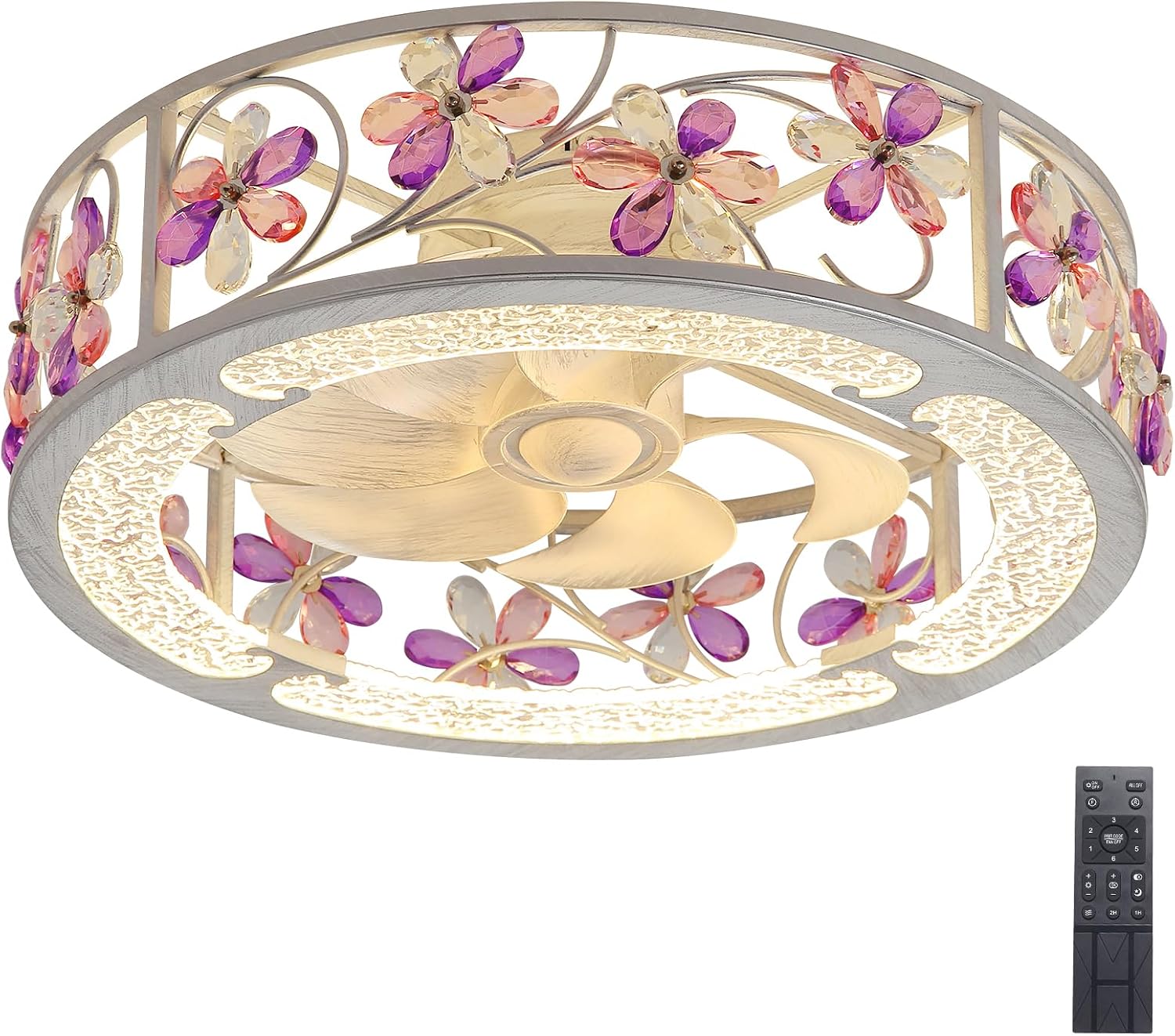 20 Inch Low Profile Caged Ceiling Fan with Light, Flower Chandelier Flush Mount Ceiling Lights Remote Control,Crystal Fandelier Bladeless 6 Speeds for Girl's Bedroom, Living Room,Hand Painted White