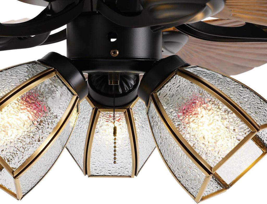 52 Inch Tropical Ceiling Fan, Palm Wooden Leaf Ceiling Fan with Remote & Lights, Timer Function & Adjustable Height Vintage Quit Fan Light for Living Room Kitchen Bedroom Patio Porche Covered Deck