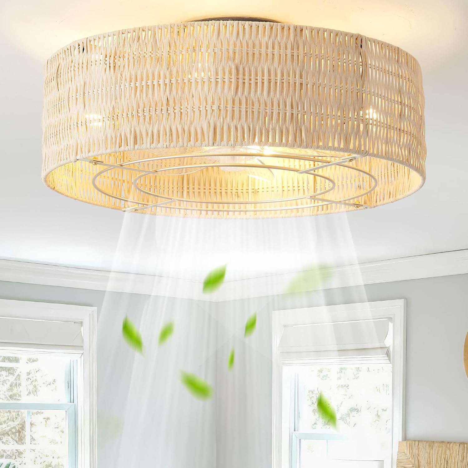 Caged Ceiling Fans with Lights Flush Mount, 20' Rattan Boho Ceiling Fan with Light Remote Control, Enclosed with 6 Speeds for Bedroom, Nursery, Living Room (Beige)
