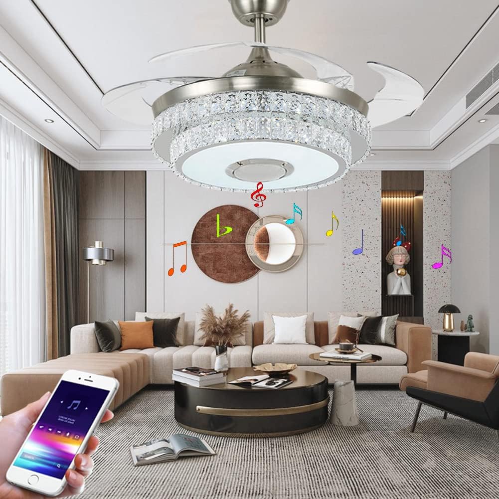 42 inch Bluetooth Ceiling Fan with 7 Colorful Dimmable, Retractable Crystal Chandelier Fans with Remote Control 3 Lights Level and 3 Speed for Bedroom Living Room