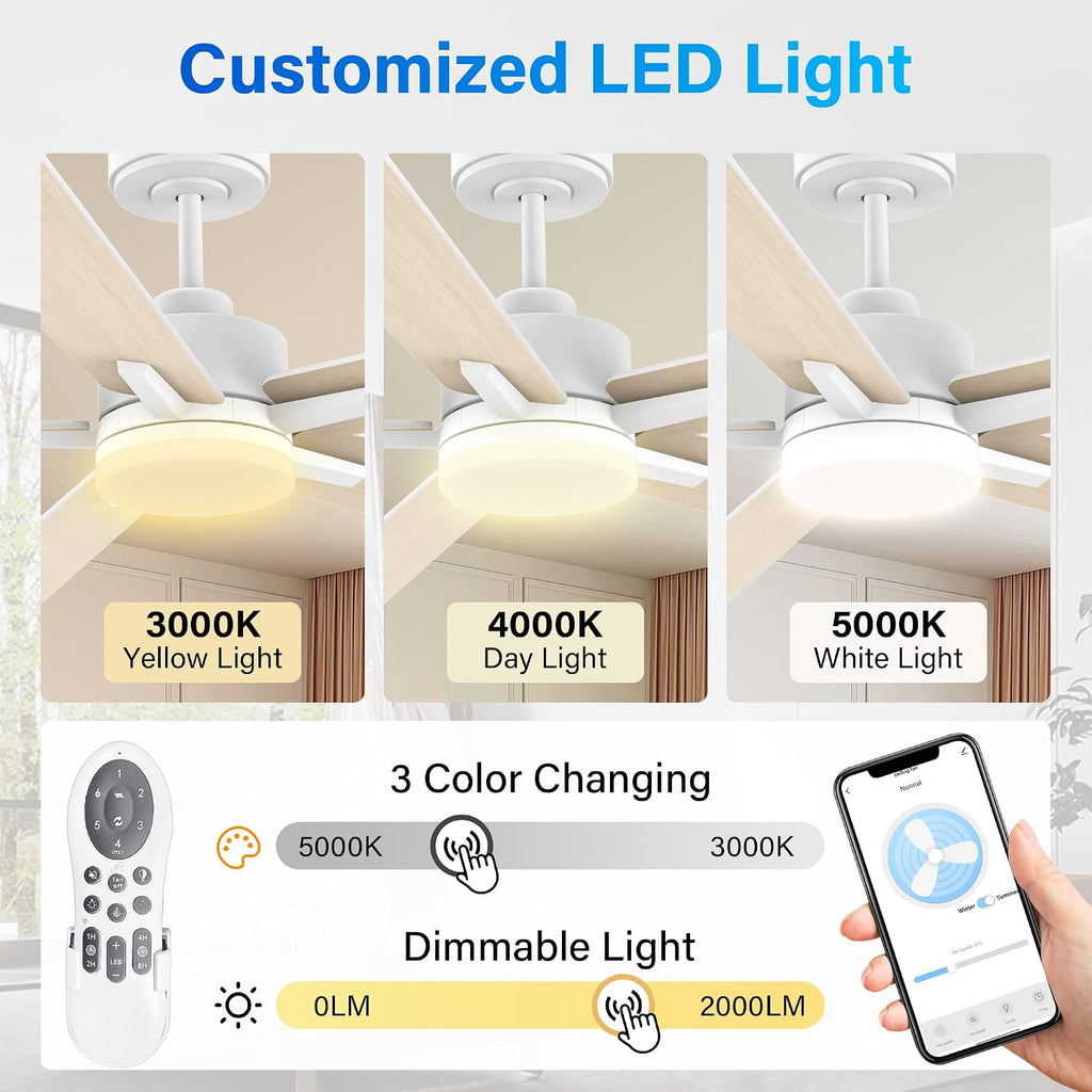 Lorpies 52' Smart Ceiling Fan with Lights Remote,Voice Control via Alexa Google WIFI App,Ultra Quiet DC Motor,Outdoor Indoor Modern Ceiling Fans,6-Speed for Bedroom Patio Porch,White and Wood Color