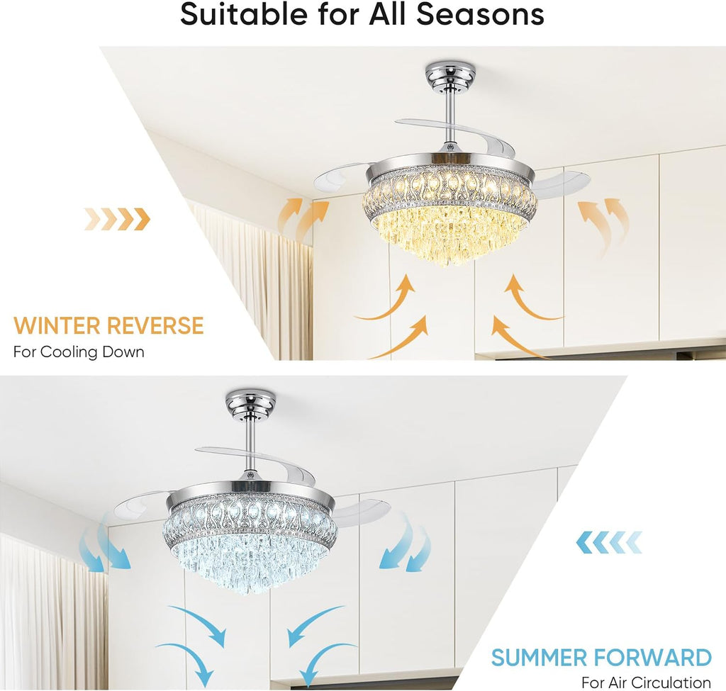 48' Fandelier Ceiling Fan with Light, Crystal Retractable Ceiling Fan with Lights and Remote, Chandelier Fans for Bedroom Living Room, Reversible DC Motor, Dimmable, 6 Speeds - Chrome